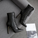 grain Ankle Boots For Women High heels Fashion Pointed toe Ladies Sexy shoes 2023 New Lace-Up