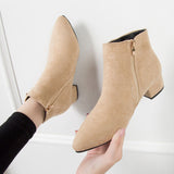 Women Boots Casual Leather Low High Heels Spring Shoes Woman Pointed Toe Rubber Ankle Boots Black Red Zapatos