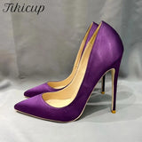 Solid Purple Satin Silk Women Pointy Toe High Heel Wedding Bridal Shoes Elegant Ladies Slip On Stiletto Pumps