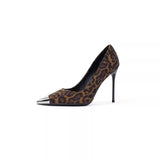 Breakj New Small Design Metallic Iron Head Leopard Tip High Heel Shoes Shallow 10 Cm Fine Heel Single Shoes