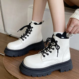New Women's Platform Ankle Boots White Pu Leather Thick Sole Combat Booties Woman Spring Autumn Non Slip Motorcycle