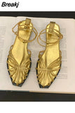 Summer Flat Heel Women Sandal Fashion New Brand Gold Narrow Band Ladies Slingback Shoes Ankle Srtrap Dress