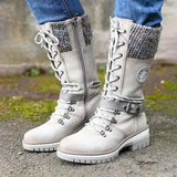 Women Winter Buckle Lace Knitted Mid-calf Boots Low Heel Round Toe Boots Top Quality Winter Warm Boots Women Botas De