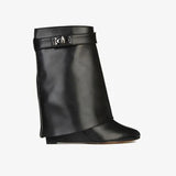 Lock Folded Woman Wedge Boots Black Leather Belt Height Increasing Knee High Boots Pointed Toe Winter Long Boots