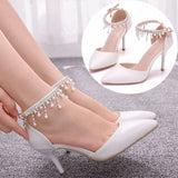 Queen White Pearls Tassel Chain Sandals Thin High Heels Pointed Toe Mary-Janes Stiletto Rhinestone Weddding