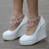 Queen Ankle Strap Wedges Pumps Large Size Bridal Women Rhinestone Platform Shoes Mary Jane High