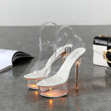 Breakj 34-43 Sexy Super High Heels Luminous Thin Heel Waterproof Platform Sandals Transparent Model Crystal Shoes Wedding