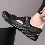 Sandals Men's Summer Leather Breathable Mesh Shoes Outdoor Casual Portable Walking Shoes Non-slip Black Beach