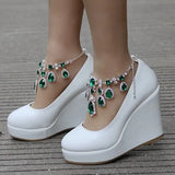 Queen Ankle Strap Wedges Pumps Large Size Bridal Women Rhinestone Platform Shoes Mary Jane High