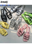 Summer Candy Leather Beach Shoes Women Bow Flat Slippers Women's Shoes Simple Slides Open Toe Flat Slippers for