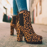 Women Ankle Boots Flock Leopard Slip On Short Boots Women's High Heels Platform Autumn Shoes Ladies Booties Retro Plus