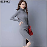 autumn winter meduim long women sweater dress split side turtleneck robe female elasticity slim bodycon knit long