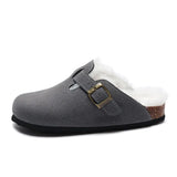 2023 New Winter Fur Cork Slipper Casual Women Solid Color Plush Inside Nubuck Leather Outside Non-slip Closed Toe