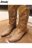 Boots Pointed Toe Mid Calf Boots Autumn Winter 2023 Vintage Style Embroidery Boots Thick Heels Comfy Walking Lady