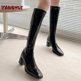 Winter New Black High Knee Length Elastic Boots Women's Lacquer Leather Side Zipper High Heels Elegant Versatile