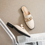mules fashion design Flat Square Toe Chain Backless Shoes Summer outdoor and indoor office wear White black slipper
