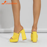 Platform Slipper For Women 2023 New Fashion Chunky Heel Knitted Wool Fashion Mules Sandals Walking Comfy