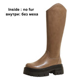 Women Genuine Leather Knee High Boots Round Toe Platform Thick High Heel Zipper Long Boot Ladies Shoes Autumn Winter