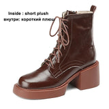 Women Genuine Leather Ankle Boots Round Toe Platform Thick High Heel Lady Zipper Lace-up Short Boot Winter Autumn