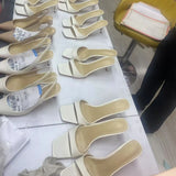 Breakj Skin Version ~ Zhou Ziran The Same French Simple Temperament Square Cool Slippers Women's Toe-Word