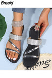 Flat Slip-On Sandals Bling Rhinestone Narrow Band Slippers Beach Shoes Casual Slides Summer 2023 New Women Gold