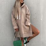 Women Pullover Hoodie Fashion Draswtring Sweatshirt Solid Long Sleeve Hooded Top Oversized Loose Streetwear Long