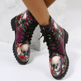 Skeleton Rose Women Snow Ankle Boots Motorcycle Skull Low Heels Shoes Vintage Pu Warm Winter Increase The 43 botas de