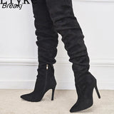 Fashion Pleated Thigh High Over-The-Knee Long Shoes Womens Boots Autumn Winter Pointed Toe Zip Thin Heels Pumps Size