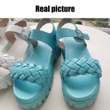 Trend Women Candy Color Sandals Summer Platform Chunky Heels Open Toe Solid Weave Buckle Strap Ladies Punk Shoes