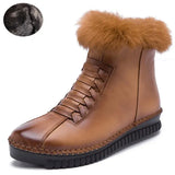 Handmade Genuine Leather Women Boots Rabbit Fur Flat Ankle Boots Women Snow Boots Winter Warm Casual Shoes Botas