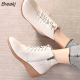 Genuine Leather Women Ankle Boots Plush Warm Lace-up Wedges Comfortable Booties Autumn Winter Shoes Large Size