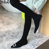 2023 Autumn Women Cozy Knitting Stretch Fabric Socks Boots Crystal Buckle Casual Flat With Thigh High Over The Knee