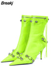 Women Pointed Toe Short Boots Metal Decoration Punk Motorcycle Botines Mujer Women's Ankle Boots Rivet Tassel High Heels
