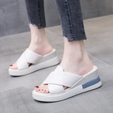 Summer Women Wedge Heeled Pu Leather Sandals Cross Strap Korean Style Casual Shoes Ladies Open Toe Solid Buckle