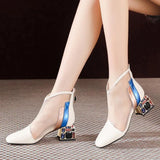 Mesh Sandals Boots Women Mesh Ankle Boot For Summer Mid Heel Rhinestone Ponited Toe Shoes Hollow Out Back Zip
