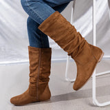 Breakj Mid-Size Boots Women 2024 Autumn And Winter Pure Color Velvet West Knight Boots Round Head Flat And Pile