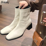 New Square Toe Women Ankle Boots Ladies Eelgant Thick High Heel Solid Chelsea Shoes High Quality Leather Short