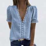 V-Neck Lace Shirt Blouse Spring Summer Short Sleeve Ladies Shirt Casual Women Solid Pullover Tops Blusa Streetwear