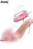 Women Sandalias Pink High Heels Women Cross Strap Furry Fluffy Sandals Pumps New Sexy Ankle Bind Stiletto Open Toe