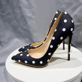 Polka Dot Women Black Satin Stiletto High Heels with Bowknot Chic Ladies Designer Dress Shoes Pointed Toe Silk