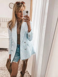 Chic Blue Tweed Jacket Women 2021 Fashion Turn-down Collar Double Breasted Pockets Coat Female Casual