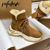 Women Boots Winter Shoes Cow Suede Wool Fur Snow Boots Black Ankle Booties Flat Shoes Thick Plush Warm Chunky