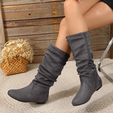 Breakj Mid-Size Boots Women 2024 Autumn And Winter Pure Color Velvet West Knight Boots Round Head Flat And Pile