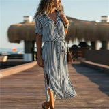 Turn Down Collar Office Ladies Stripe Shirt Dress Long Boho Beach Dress Casual Long Sleeve Elegant Party Dress