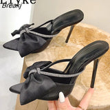 Sexy Party Nightclub Stripper Heels 11CM Slippers Fashion Bowknot Pointed Open Toe Crystal Rhinestone Shoes Women