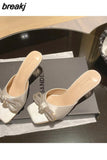 Rhinestone Butterfly Knot Slippers Fine Heel Sandal Women Crystal Fairy Pink Blue Bow Diamond High Heel Mule Shoes For