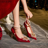 Pearl Chain Buckle Strap Thin High Heels Crystal Flower Decor Wedding Bridesmaid Shoes Temperament Party Prom Lady
