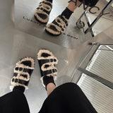 New Winter Plush Inside Women Slipper Casual Fashion Buckle Artificial Fur Outside Home Platform Soft Slides