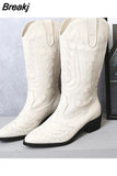 Boots Pointed Toe Mid Calf Boots Autumn Winter 2023 Vintage Style Embroidery Boots Thick Heels Comfy Walking Lady