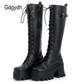 Lace Up Demonia Boots Platform Knee High Chunky Heel Boot For Women Rubber Sole Top Quality Side Zip Motorcycle
